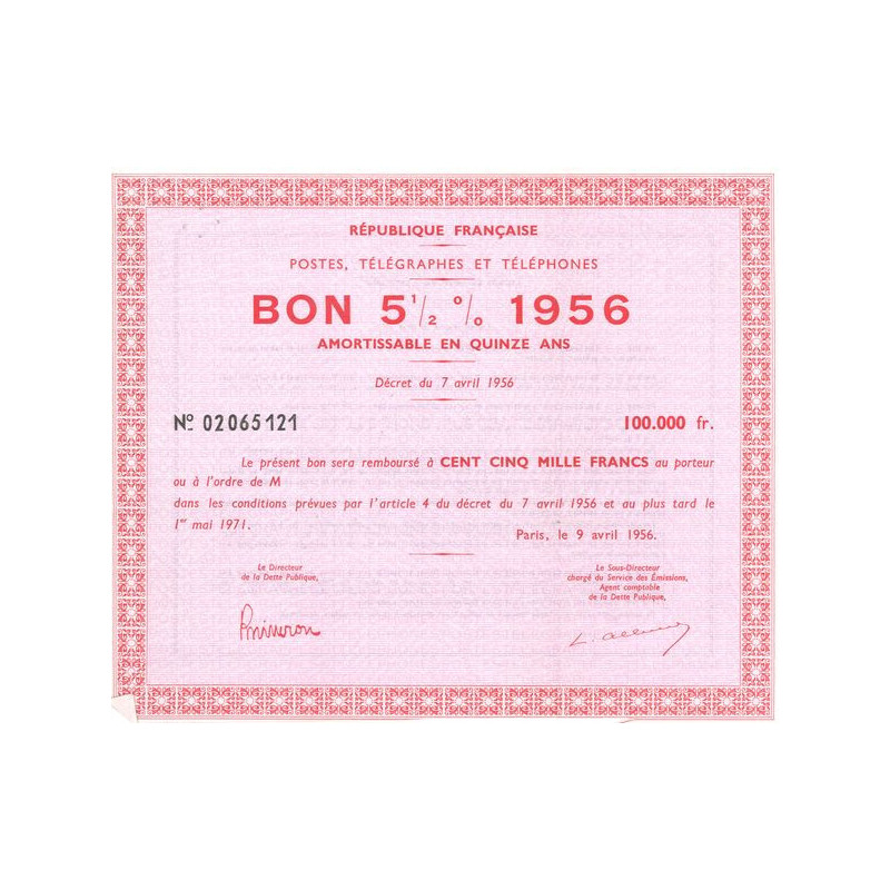 République Française - Postes. Télégraphes et Téléphones - Bon 5 1/2 % 1956
