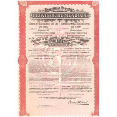 Province de Mendoza - République Argentine - Emprunt Extérieur 5 % Or de 1909 (blanquette)