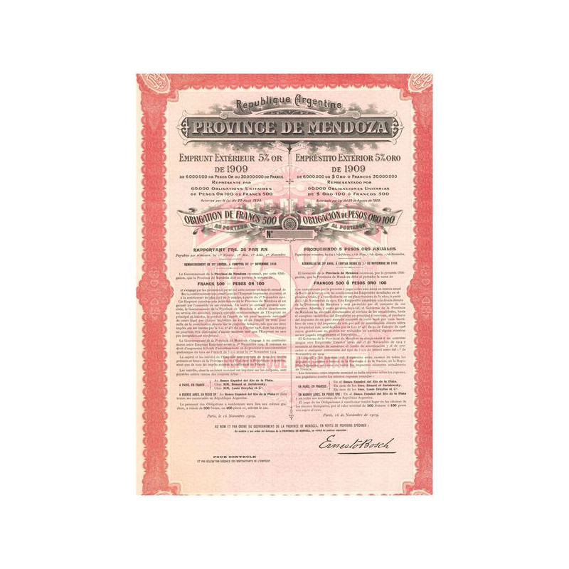 Province de Mendoza - République Argentine - Emprunt Extérieur 5 % Or de 1909 (blanquette)