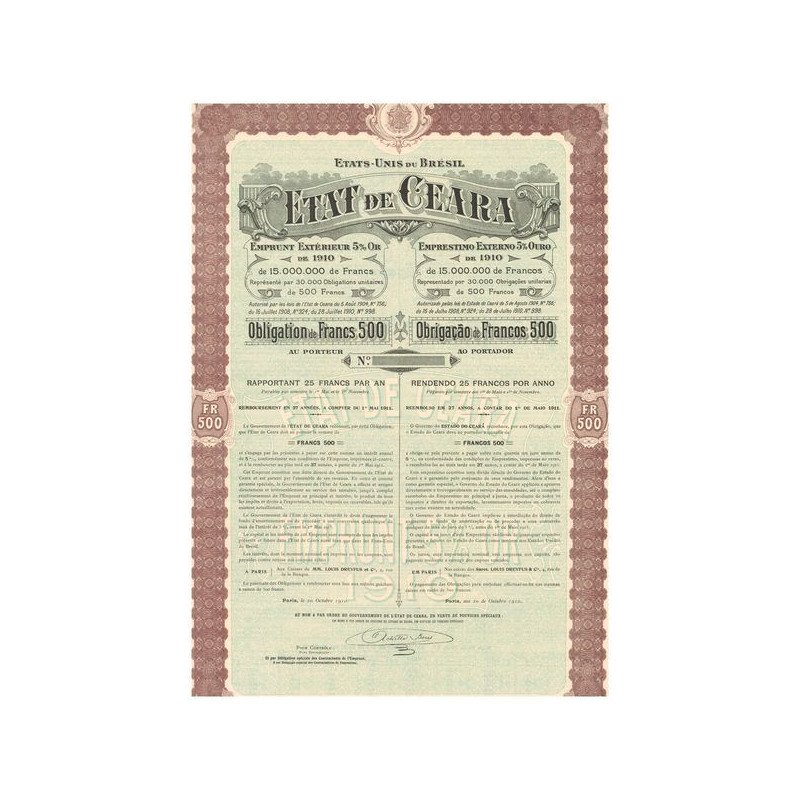 Etat de Ceara - Emprunt Extérieur 5 % Or de 1910 (blanquette)