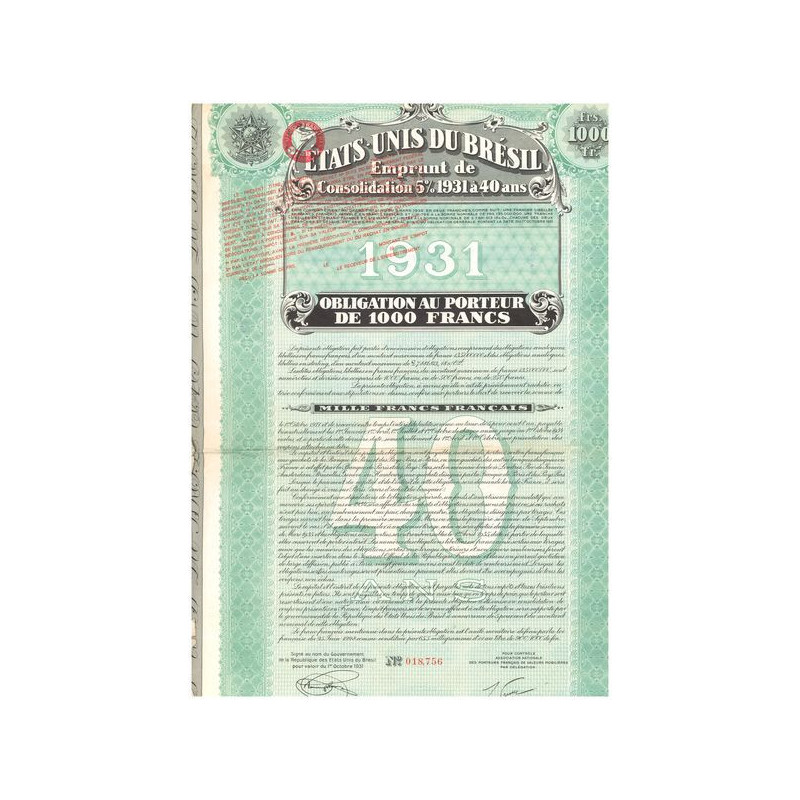 Etats-Unis du Brésil - Emprunt de Consolidation 5 % 1931 à 40 ans (Obl 1000 F)
