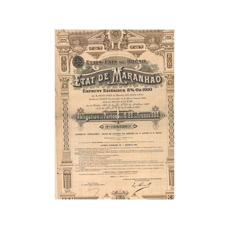 Etats-Unis du Brésil - Etat de Maranhao - Emprunt Extérieur 5 % de 1910