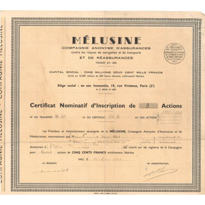 Mélusine Cie Anonyme d'Assurances contre les Risques de Navigation et de Transports et de Réassurances (Act 500 F)