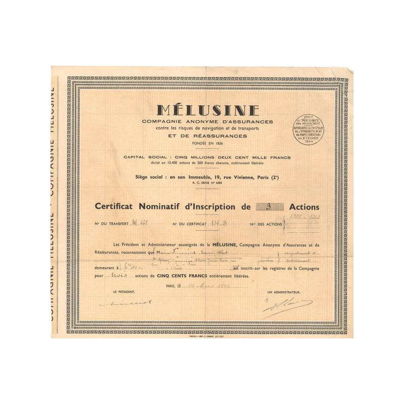 Mélusine Cie Anonyme d'Assurances contre les Risques de Navigation et de Transports et de Réassurances (Act 500 F)