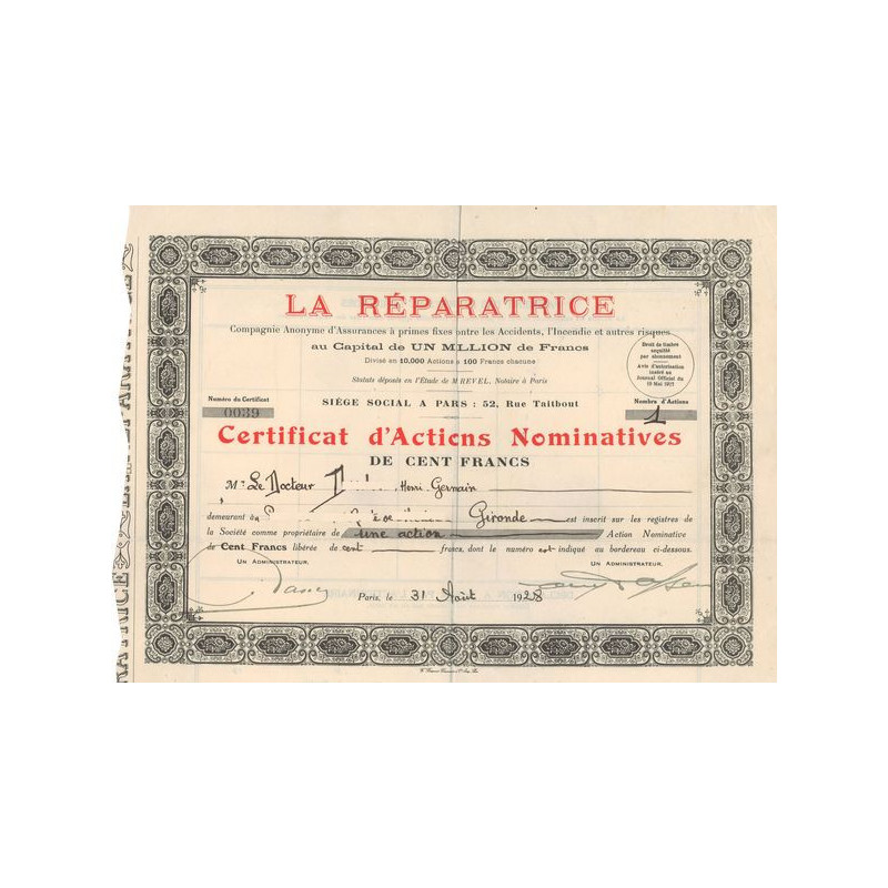 la Réparatrice (Certif Nomin 100 F)