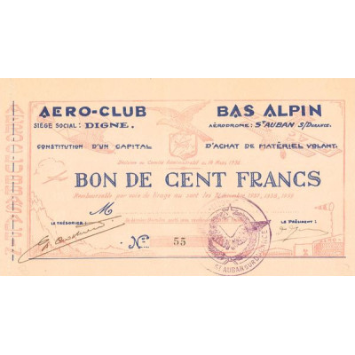 Aero-Club Bas Alpin Aérodrome St Auban s/Durance (Bon de 100 F)