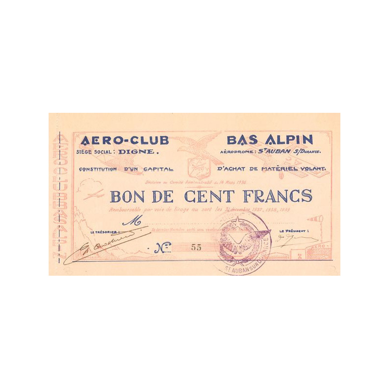 Aero-Club Bas Alpin Aérodrome St Auban s/Durance (Bon de 100 F)