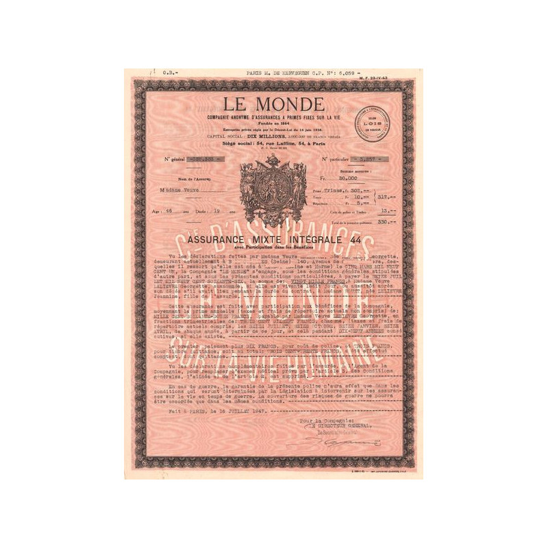 Le Monde Cie Anonyme d'Assurances à Primes Fixes sur la Vie (PB)