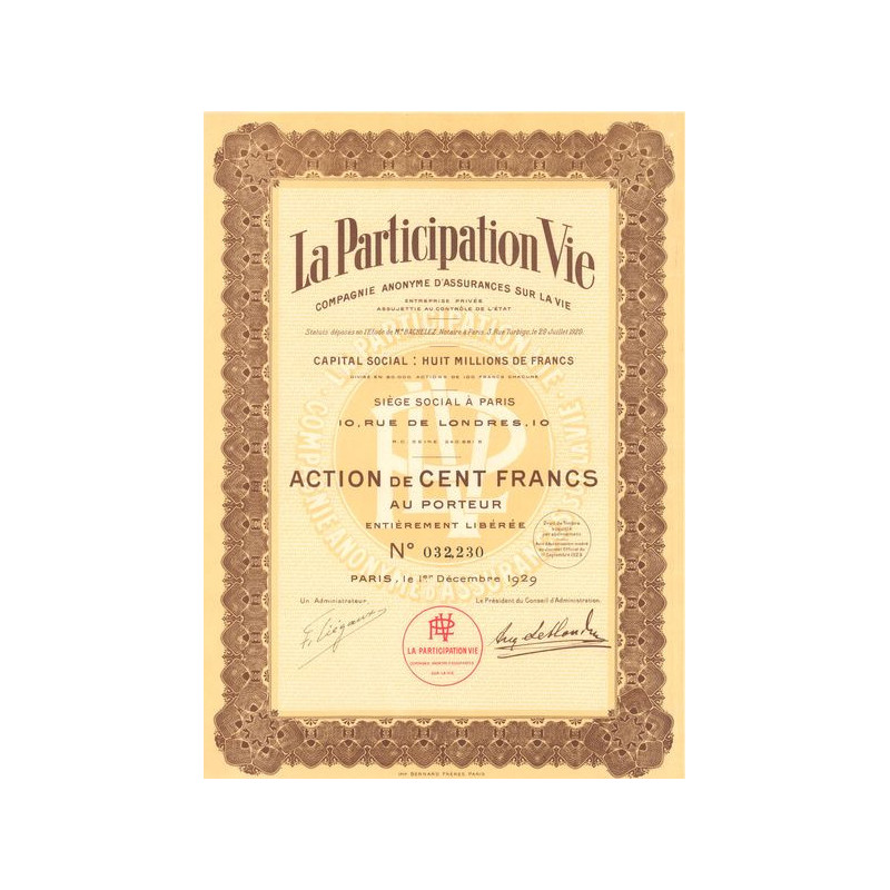 La Participation Vie Cie Anonyme d'Assurances sur la Vie (Act 100 F)