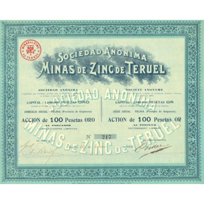 S.A. Minas de Zinc de Teruel (Act 100 Pesetas)