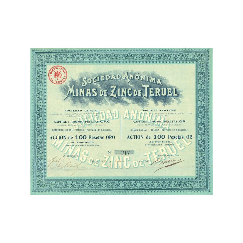 S.A. Minas de Zinc de Teruel (Act 100 Pesetas)