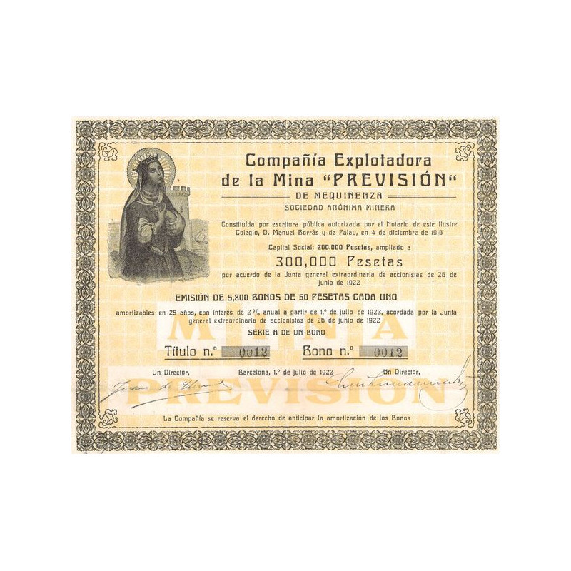 Cia Explotadora de la Mina "Prevision" de Mequinenza (Bons 50 Pesetas)