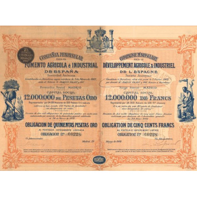 Cie Péninsulaire pour le Dévéloppement Agricole & Industriel de l'Espagne (Obl 500 F)