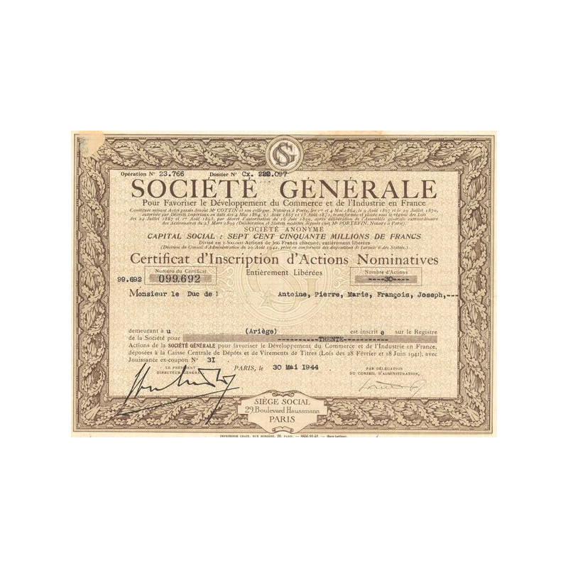 Société Générale pour Favoriser le Développement du Commerce et de l'Industrie Française (Certif nomin)