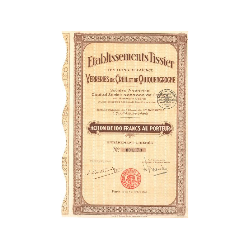 Etablissements Tissier Les Lions de Faïence Verreries de Creil et de Quiquengrogne (Act 100 F)