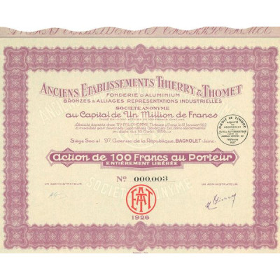 Anciens Etablissements Thierry & Thomet Fonderie d'Aluminium Bronzes & Alliages Représentations Industirelles (Act 100 F)