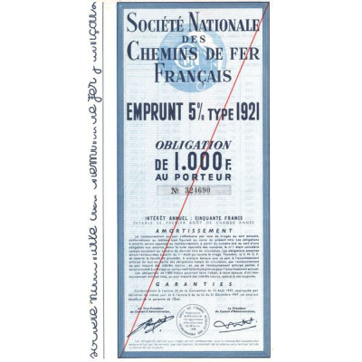 Sté Nationale des Chemins de Fer Français - Emprunt 5 % Type 1921 (Obl 1000 F)
