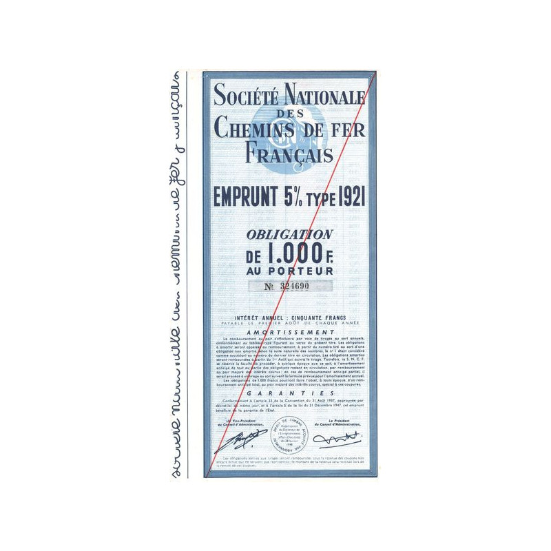 Sté Nationale des Chemins de Fer Français - Emprunt 5 % Type 1921 (Obl 1000 F)