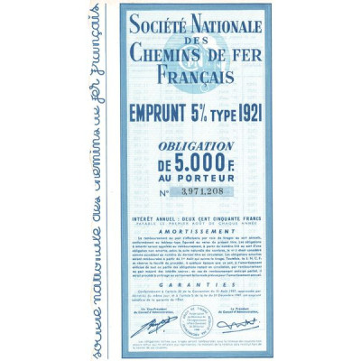 Sté Nationale des Chemins de Fer Français - Emprunt 5 % Type 1921 (Obl 5000 F)