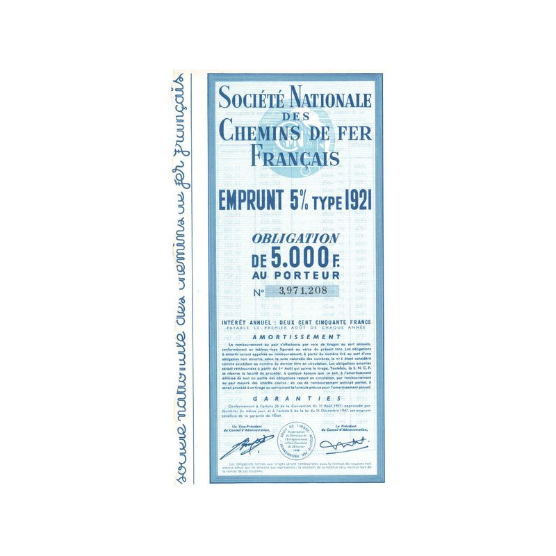 Sté Nationale des Chemins de Fer Français - Emprunt 5 % Type 1921 (Obl 5000 F)