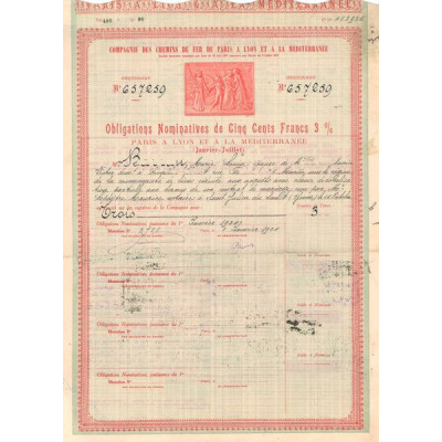 Cie des Chemins de Fer de Paris à Lyon et la Méditerranée (Obl Nomin de 500 F 3 %)