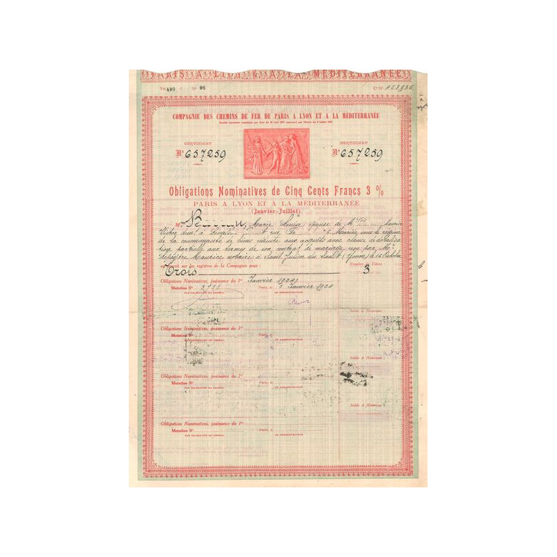 Cie des Chemins de Fer de Paris à Lyon et la Méditerranée (Obl Nomin de 500 F 3 %)