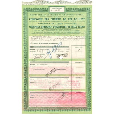 Grands Réseaux de Chemins de Fer d'Intérêt Général - Cie des Chemins de Fer de l'Est - Emprunt 5 % 1933 Tranche A (Certif Nomin 