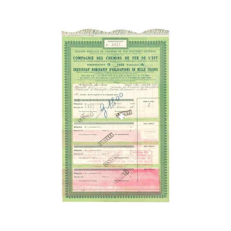 Grands Réseaux de Chemins de Fer d'Intérêt Général - Cie des Chemins de Fer de l'Est - Emprunt 5 % 1933 Tranche A (Certif Nomin 