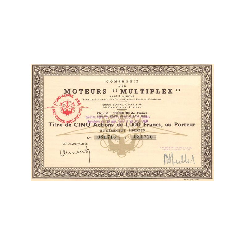 Cie des Moteurs "Multiplex" (Titre de 5 Act 1000 F)