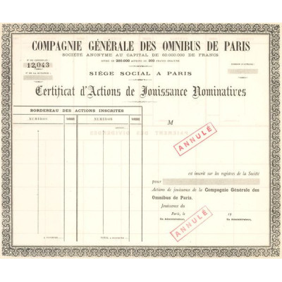 Cie Générale des Omnibus de Paris (Certif d'Act de Jouissance Nomin) (Blanquette)