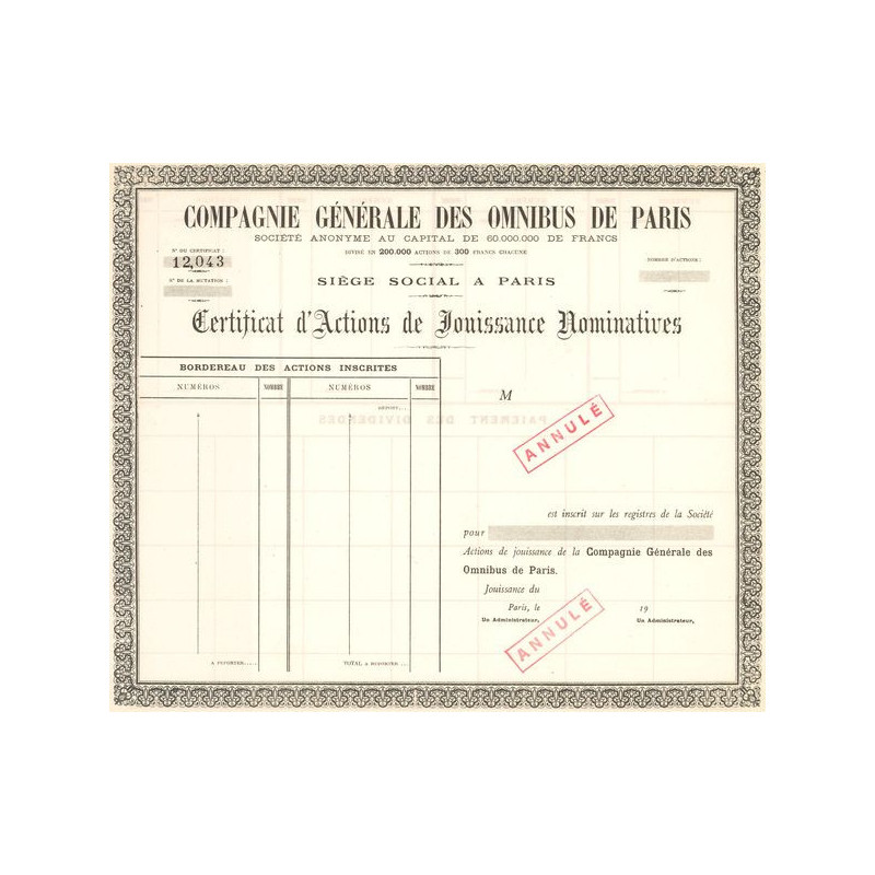 Cie Générale des Omnibus de Paris (Certif d'Act de Jouissance Nomin) (Blanquette)