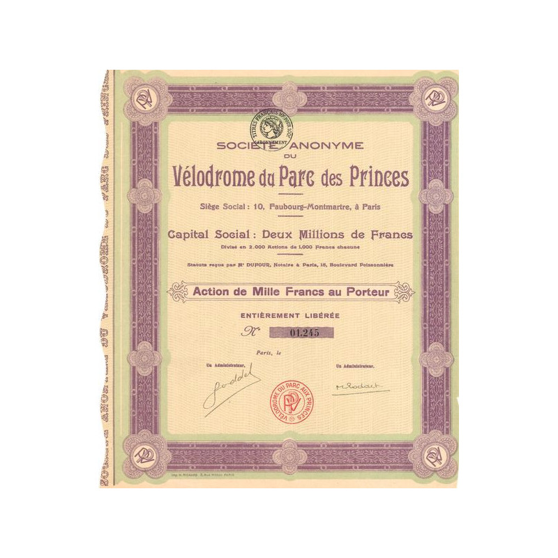 S.A. du Vélodrome du Parc des Princes (Act 1000 F) (Modele 1)