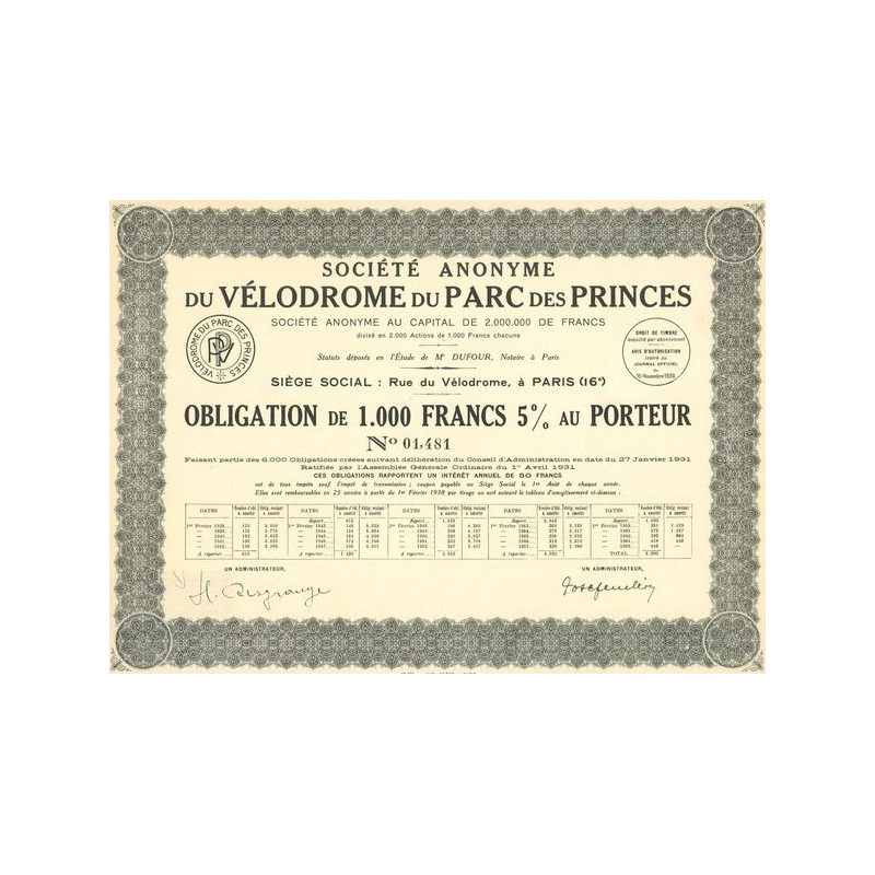 S.A. du Vélodrome du Parc des Princes (Obl 1000 F 5%)