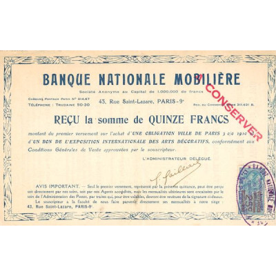 Banque Nationale Mobilière (Reçu 15 F)