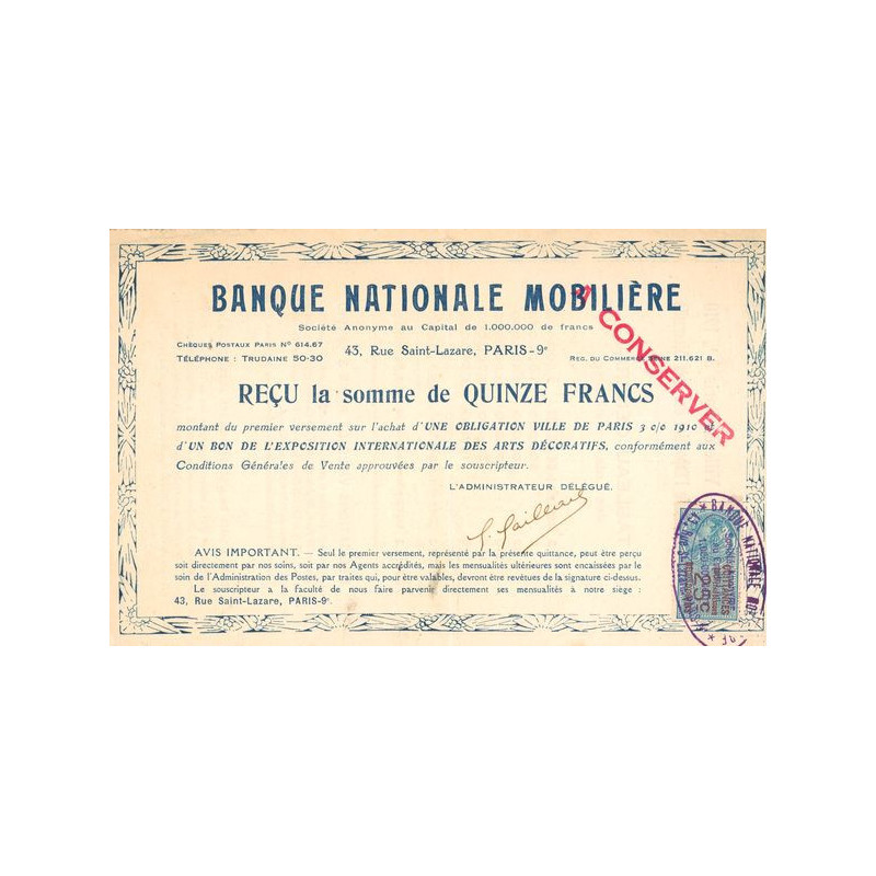 Banque Nationale Mobilière (Reçu 15 F)