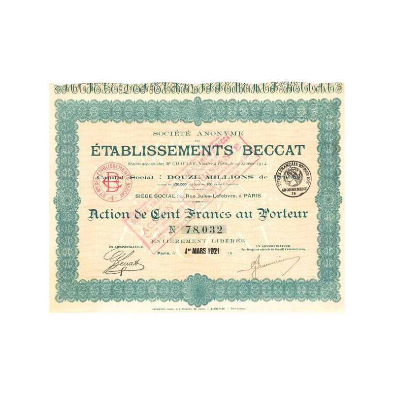 S.A. des Etablissements Beccat (Act 100 F)