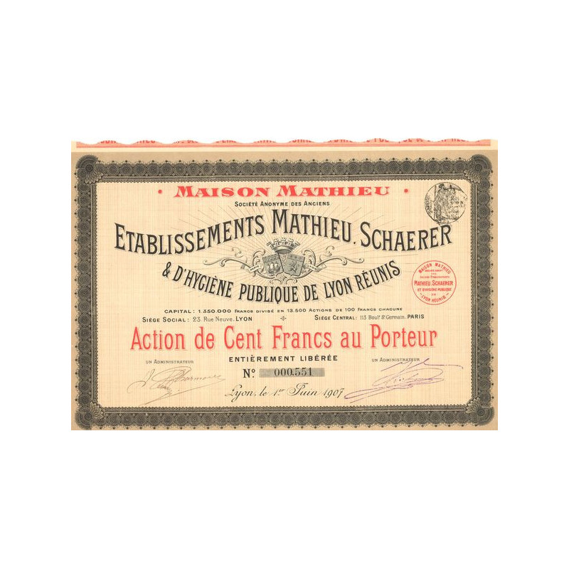 Maison Mathieu S.A. des Anc Etablissements Mathieu Schaerer & d'Hygiène Publique de Lyon Réunis (Act 100 F)