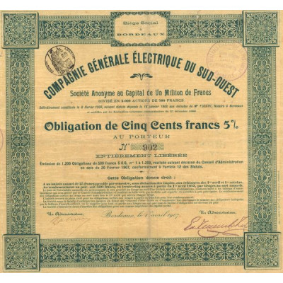 Cie Générale Electrique du Sud-Ouest (Obl 500 F 5%)