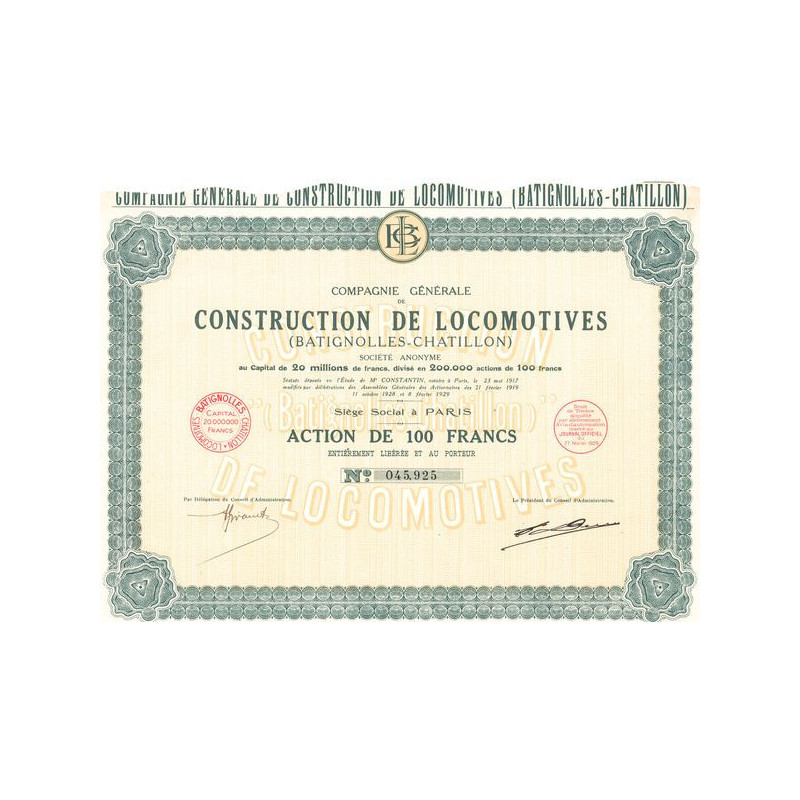 Cie Générale de Construction de Locomotives (Batignolles-Chatillon) (Act 100 F)