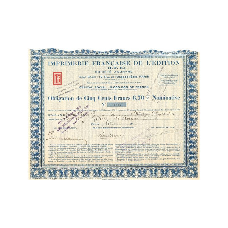 Imprimerie Française de l'Edition (I.F.E.) (Obl 500 F 6.70% Nominative)
