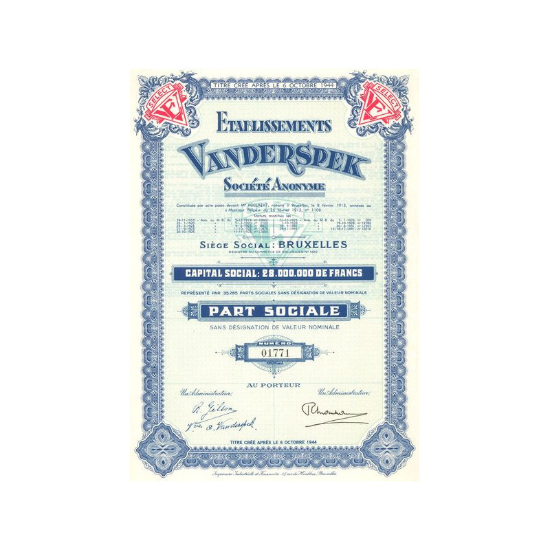 Ets Vanderspek S.A. (Part Sociale)
