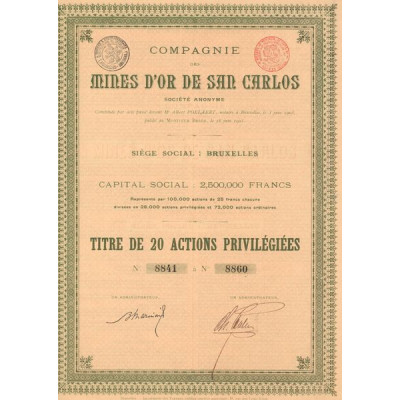 Cie des Mines d'Or de San Carlos (Titre de 20 Act Privilégiées) (Vert)