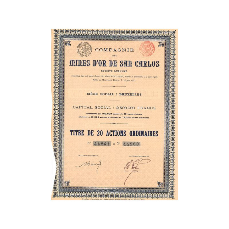 Cie des Mines d'Or de San Carlos (Titre de 20 Act Ordinaires) (Bleu)