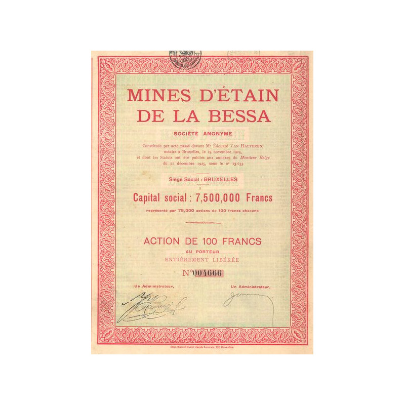 Mines d'Etain de la Bessa (Act 100 F)