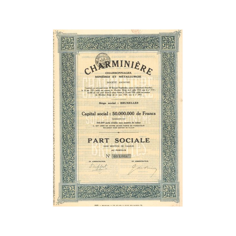 Charminière Charbonnages Minières et Métallurgie (Part Sociale)
