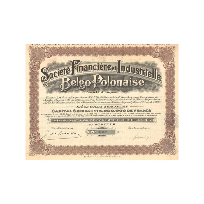 Sté Financière et Industrielle Belgo-Polonaise (10eme Act Fondateur 100 F)