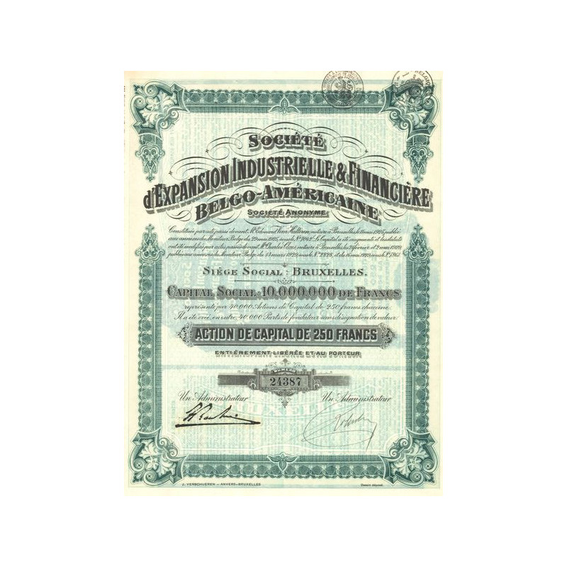 Sté d'Expansion Industrielle & Financière Belgo-Américaine (Act 250 F)