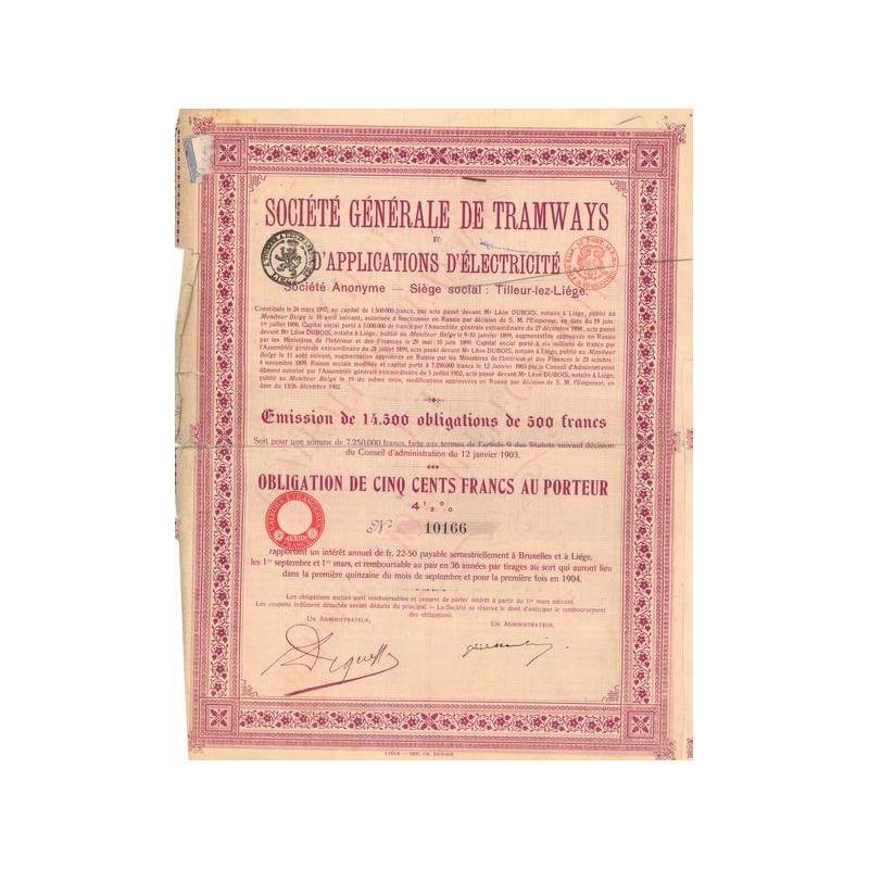 Sté Générale de Tramways et d'Applications d'Electricité (Obl 500 F)