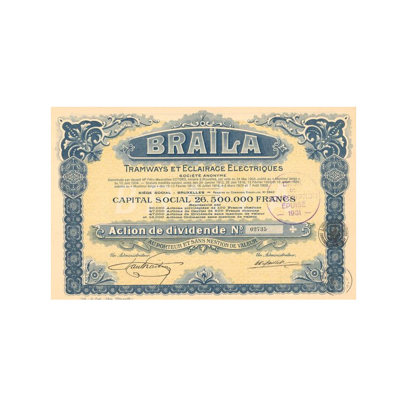 Braïla Tramways et Eclairage Electrique (Act de Dividende)