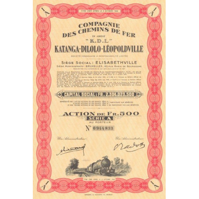 Cie des Chemins de Fer en Abrégé "K.D.L" Katanga.Dilolo.Léopoldville (Act 500 F) (Serie A)